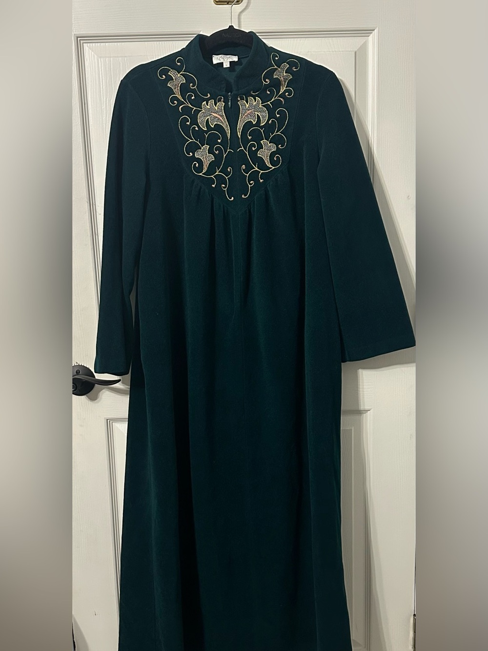 Go Softly Vintage Teal Velour Embroidered Maxi Robe House Dress Small Made USA